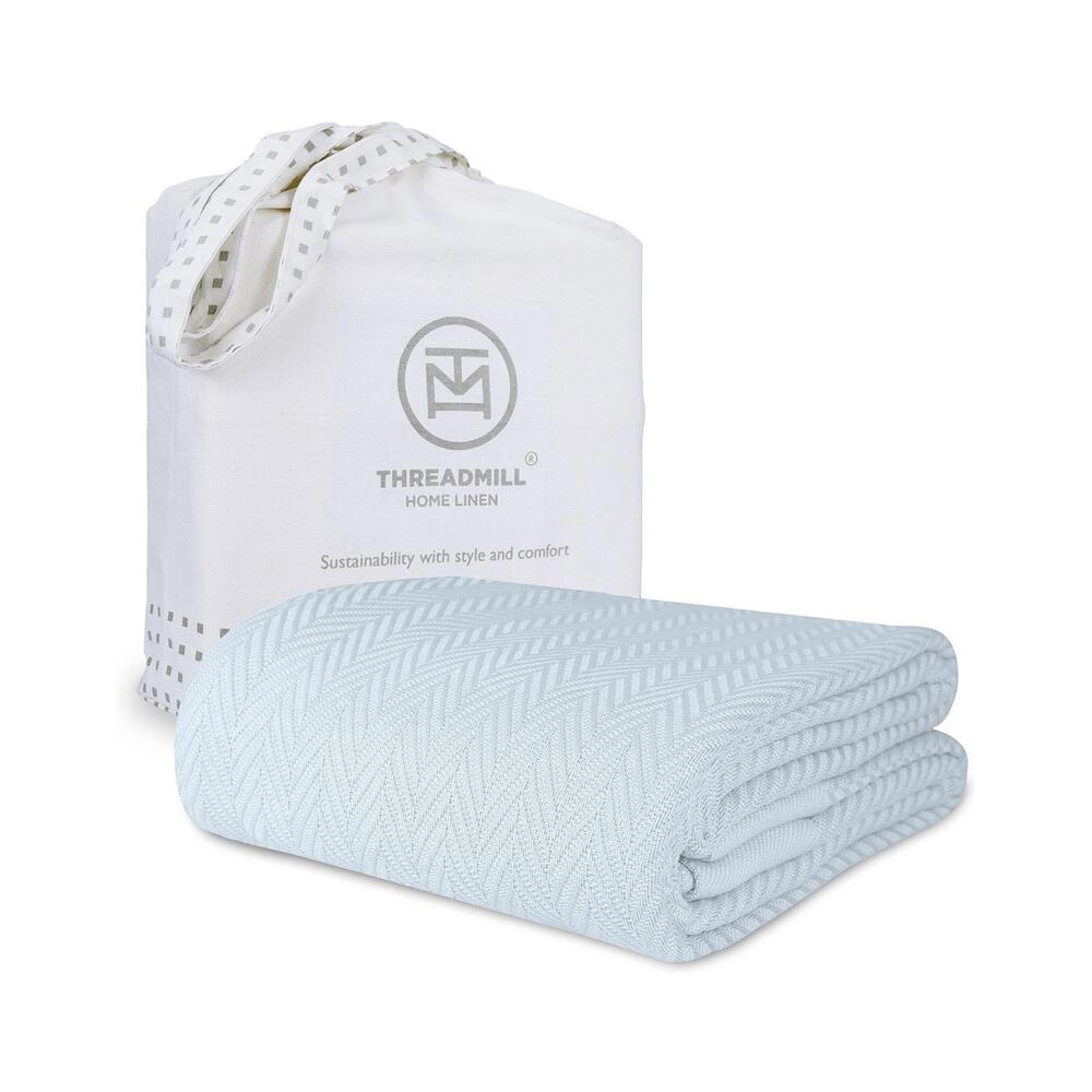 THREADMILL HOME LINEN KING SIZE 106X92" HERRINGBONE COTTON BLANKET Sky BlueNEW